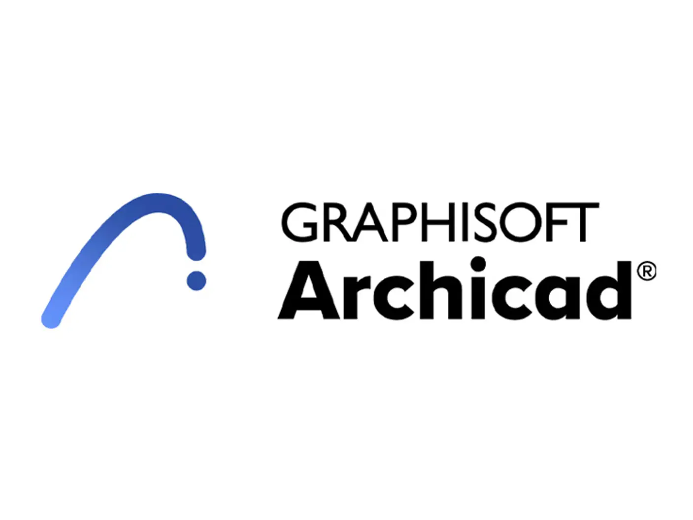 Graphisoft Archicad-logotyp, med en stiliserad blå båge och svart text på en vit bakgrund